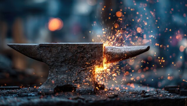 Close-up of a glowing anvil with sparks flying in a blacksmiths workshop.