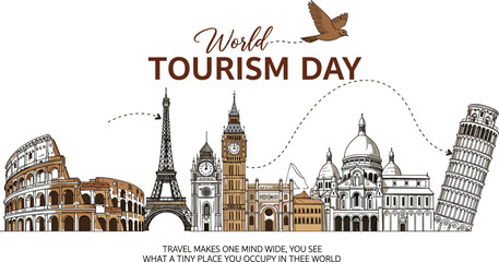 Fototapeta premium World tourism day illustration famous landmarks skyline travel concept global destinations vector design cultural monuments collection
