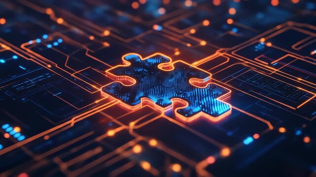 Abstract digital puzzle piece illuminated on circuit board