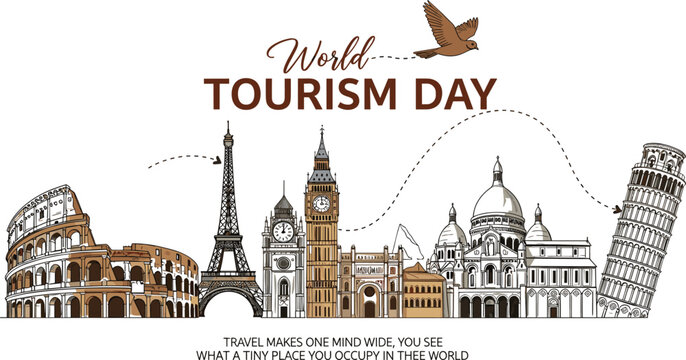 World tourism day illustration famous landmarks skyline travel concept global destinations vector design cultural monuments collection