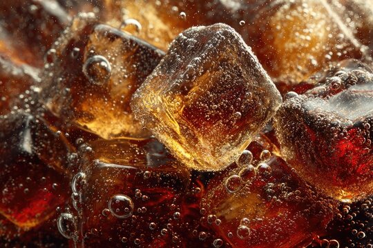 Close-up Macro Shot of Ice Cubes in a Refreshing Cola Drink.