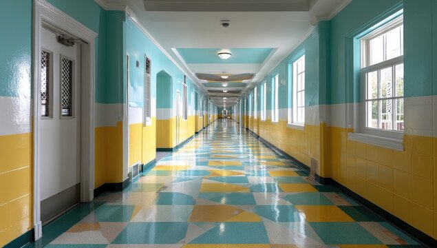 Long, Empty School Hallway with Colorful Walls and Floor.