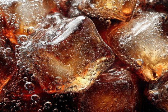 Refreshing Cola Drink with Ice Cubes and Bubbles Close-up.