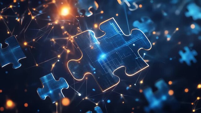 Abstract digital puzzle pieces floating in dark space with glowing details
