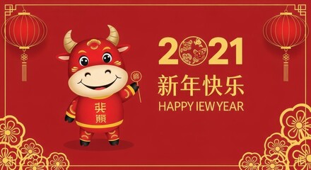 Fototapeta premium Cute Cartoon Ox on Red Banner for Chinese New Year 2021 Celebration.