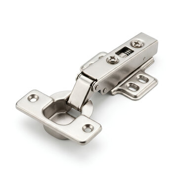 Closeup of a shiny metal hinge for cabinet doors and furniture.