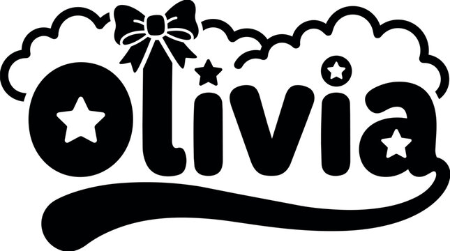 Black and white olivia lettering with stars clouds and bow vector art