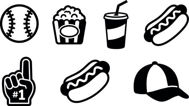 Black and white baseball snack food foam finger and cap icons set