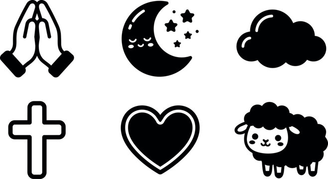 Black and white prayer hands moon stars cloud cross heart and sheep icons vector art