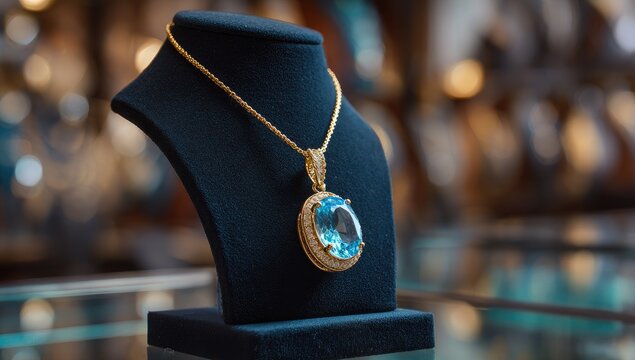 Elegant Gold Necklace with Large Oval Blue Gemstone Pendant Displayed.