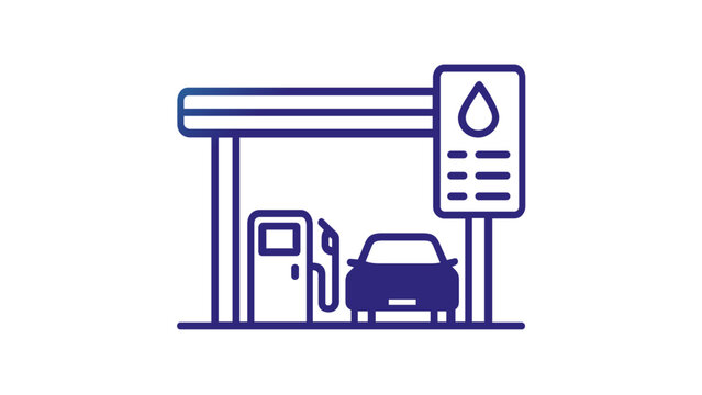Blue gradient vector icon illustration of a petrol gas station featuring a car refueling at a pump next to a price display sign. Minimalist flat design for automotive travel and transport service.