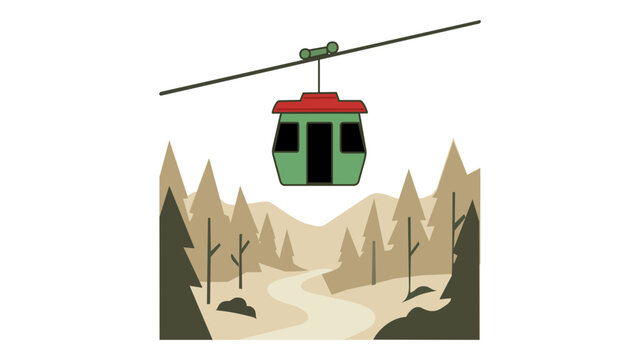 Vector icon illustration of a green cable car gondola lift traveling over a scenic pine forest and mountain landscape, minimalist flat design for winter travel and tourism concepts.