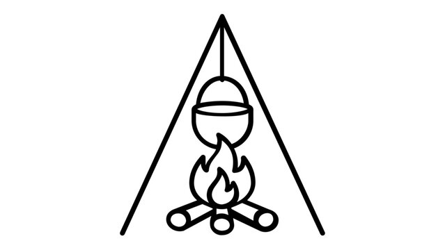 Camping campfire vector icon illustration featuring a cooking pot over a fire inside a triangle. Minimalist line art for outdoor adventure, hiking, wilderness travel, and survival themes.