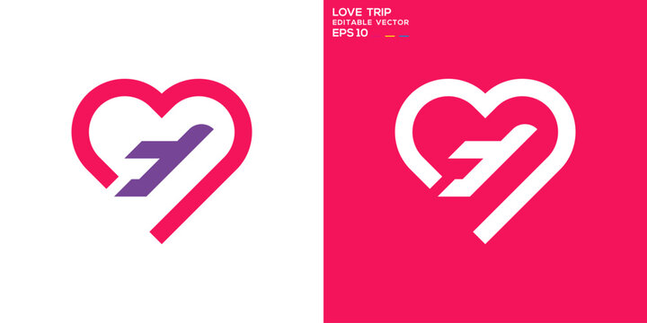 Love trip logo. Romance, heart, airplane, travel. Vector icon symbol design template EPS 10.