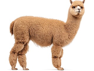 Naklejka premium Fluffy brown alpaca stands against a clean white background.