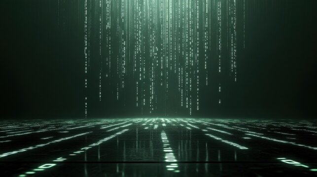 Digital Binary Code Rain Falling on Dark Reflective Surface