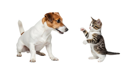 Fototapeta premium Playful Jack Russell Terrier and tabby kitten interaction, curious dog and cat meeting on white background, domestic pets friendship concept