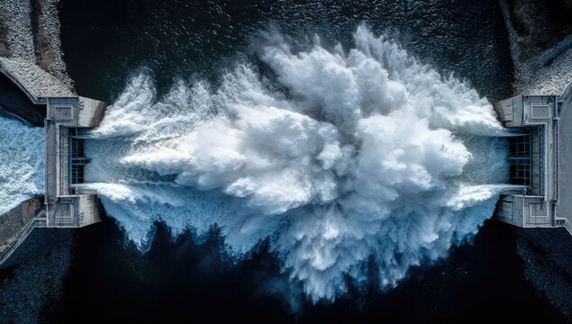 Powerful Water Release from Hydroelectric Dam Spillway Aerial View.