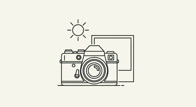 Minimalist line art illustration of a vintage film camera with a sun and photo frame