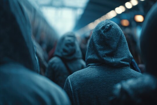 Mysterious figures in hoodies on a dimly lit train journey.