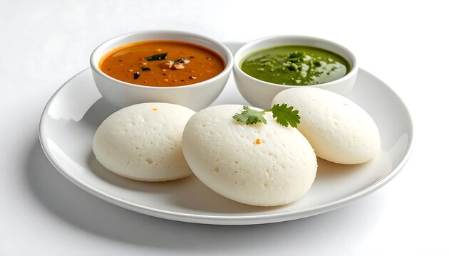 South Indian food plate with idli, sambar, and chutney on a white table