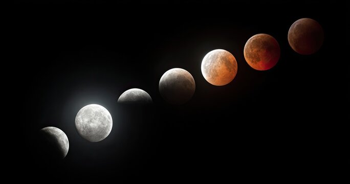 Sequence of Lunar Eclipse Phases Showing Moon Progression Through Earths Shadow.