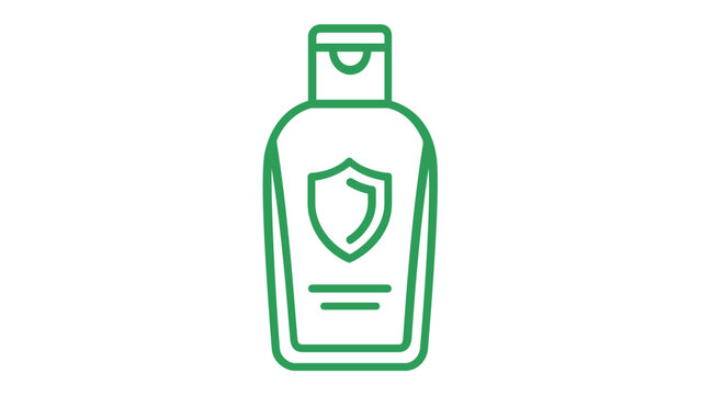 Green Line Icon Vector Illustration of a Protective Lotion Bottle with Shield Symbol, Representing Hand Sanitizer, Sunscreen, or Antiseptic Skin Care Product for Health, Hygiene, and Safety.