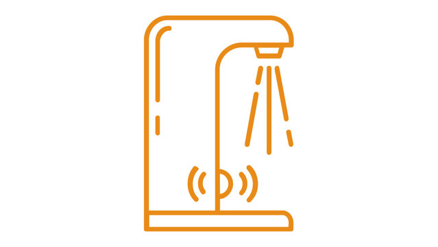 Orange line vector icon of an automatic sensor faucet or touchless soap dispenser spraying liquid, minimalist flat illustration for hygiene, hand washing, and modern bathroom technology concepts.
