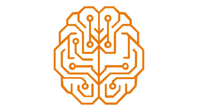 Orange brain circuit board vector icon illustration representing artificial intelligence, machine learning, and digital neurology. Minimalist flat design for technology, science, and health.