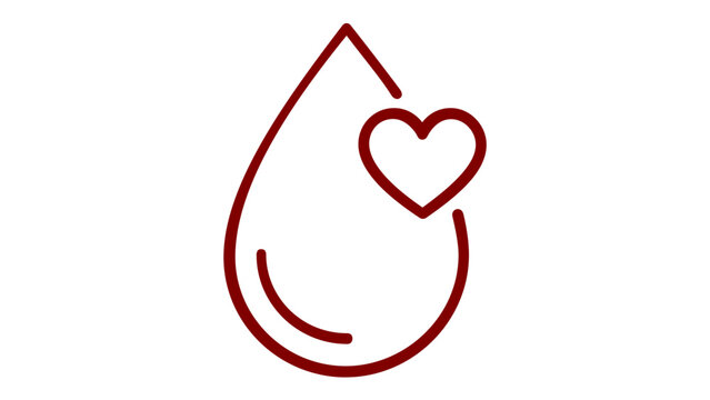 Blood donation vector icon illustration featuring a red drop with a heart symbol, representing healthcare, life-saving charity, medical care, and cardiovascular health in a minimalist line art style.