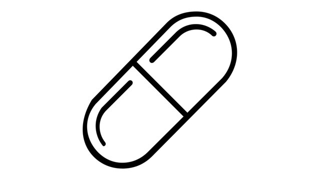 Minimalist black and white vector icon illustration of a medical pill capsule, perfect for healthcare, pharmacy, and medicine design projects, scalable flat line art graphic on white background.