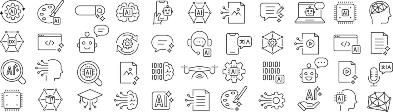 ベクターでモノクロのAIツールに関する線画アイコンセット

