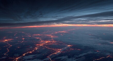 Fototapeta premium Aerial View of City Lights at Dusk with Dramatic Sky.