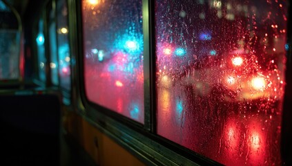 Obraz premium Rainy Night Cityscape Through Bus Window Blurred Lights.