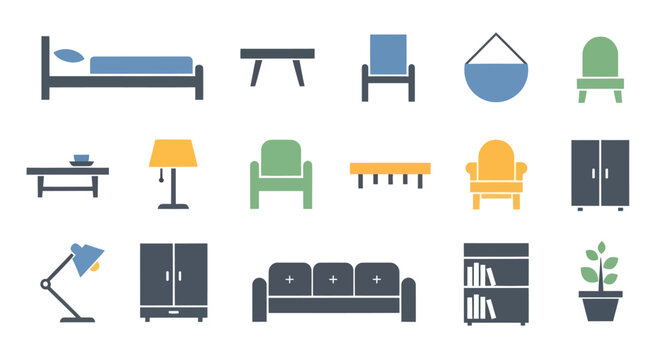 Flat icon set of home furniture and decor