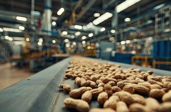 Peanuts on a Conveyor Belt in a Food Processing Factory.
