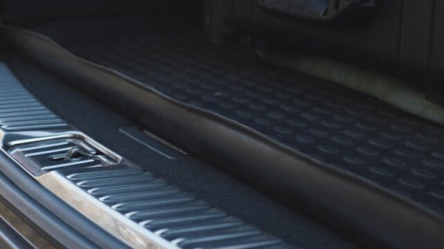 Hand folding down car rear seats in trunk