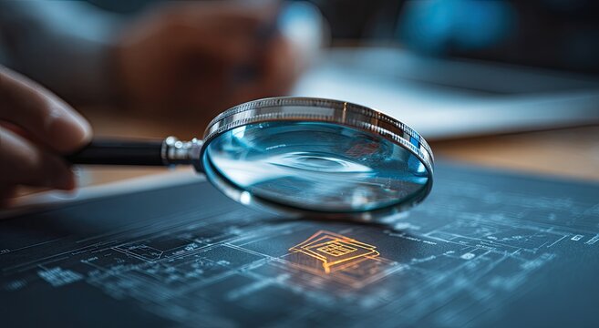 Magnifying Glass Over Blueprint Document Showing Detailed Research and Analysis.