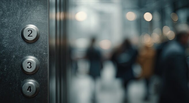 Close up of elevator buttons with blurred people in background.
