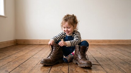 Naklejka premium A little girl is sitting on a wooden floor and putting on huge boots. 