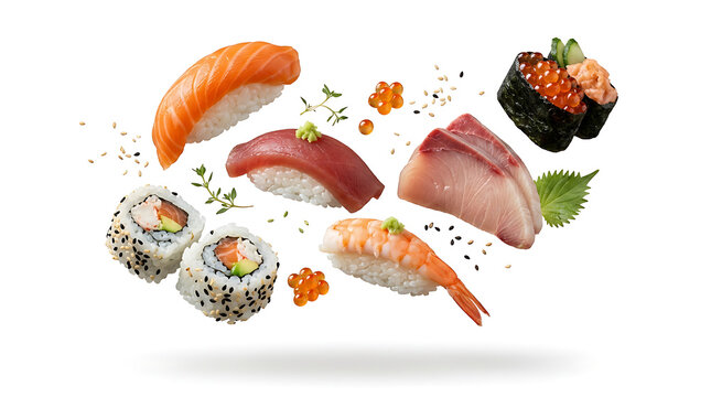 A variety of sushi and sashimi arranged with garnishes floating in air