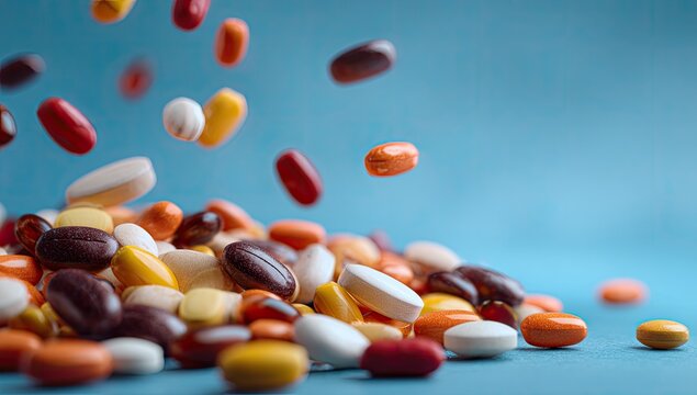 Colorful Assorted Pills and Capsules Falling and Scattered.