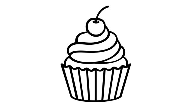 Minimalist vector icon illustration of a delicious cupcake with swirling creamy frosting and a cherry on top, featuring a clean black line art design, perfect for bakery branding, dessert menus, and