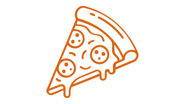 Scalable orange line art vector illustration of a pepperoni pizza slice with melting cheese, minimalist flat icon design for Italian food menus, restaurant branding, fast food delivery, and snacks.