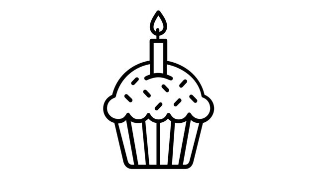 Minimalist black and white line art vector icon illustration of a birthday cupcake with a single lit candle and sprinkles, perfect for celebration, party, and bakery themed graphic design projects.