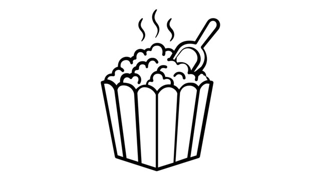 Fresh hot popcorn in a striped bucket with a scoop and steam rising, minimalist black and white vector icon illustration. Scalable flat design for cinema, movie theater, and snack bar themes.