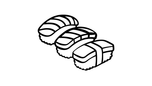 Minimalist Sushi Nigiri Vector Icon Illustration Featuring Three Pieces of Traditional Japanese Cuisine in a Clean Black and White Line Art Style, Scalable AI-Generated Graphic for Food Menus.