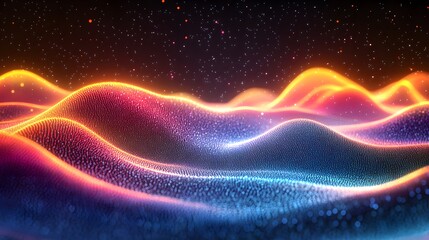 Obraz premium Glowing digital landscape features undulating waves of colorful particles set against a dark starry background.