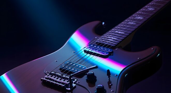 electric guitar with neon light reflections, dark background, rock music concept, cinematic lighting