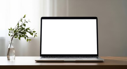Fototapeta premium Laptop Display on Desk Contemporary Workspace Setup Greenery for Productivity Workplace Arrangement for Focus Tech and Nature Juxtaposition Business and Lifestyle Balance